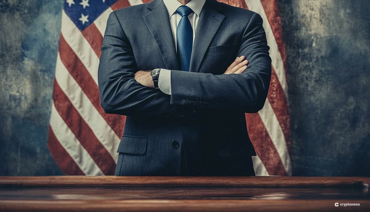Yhdysvaltain presidentinvaalit kuvituskuvassa mies seisoo pöydän äärellä, takanaan usa:n lippu.