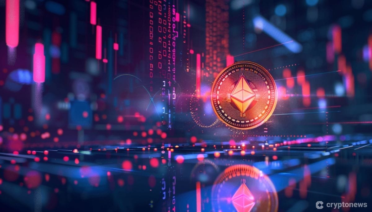 Spot Ether ETF kuvituskuvassa ethereum-kolikko sinisessä ympäristössä.