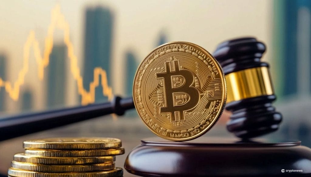 Krypto käy palkasta Dubaissa. Kuvassa Bitcoin, oikeuden nuija ja Dubain siluetti taustalla.