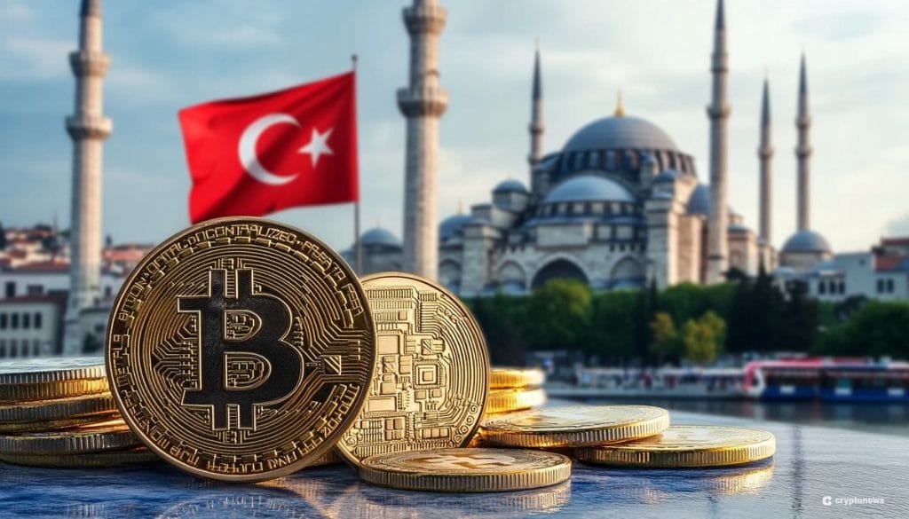 Kryptopörssit mielivät Turkkiin. Kuvassa bitcoin, Turkin lippu ja Hagia Sophia.