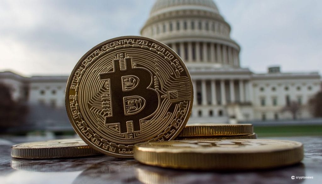 Kryptovaluutta kelpaa poliitikoille lahjoituksena. Kuvassa bitcoin ja capitol hill.