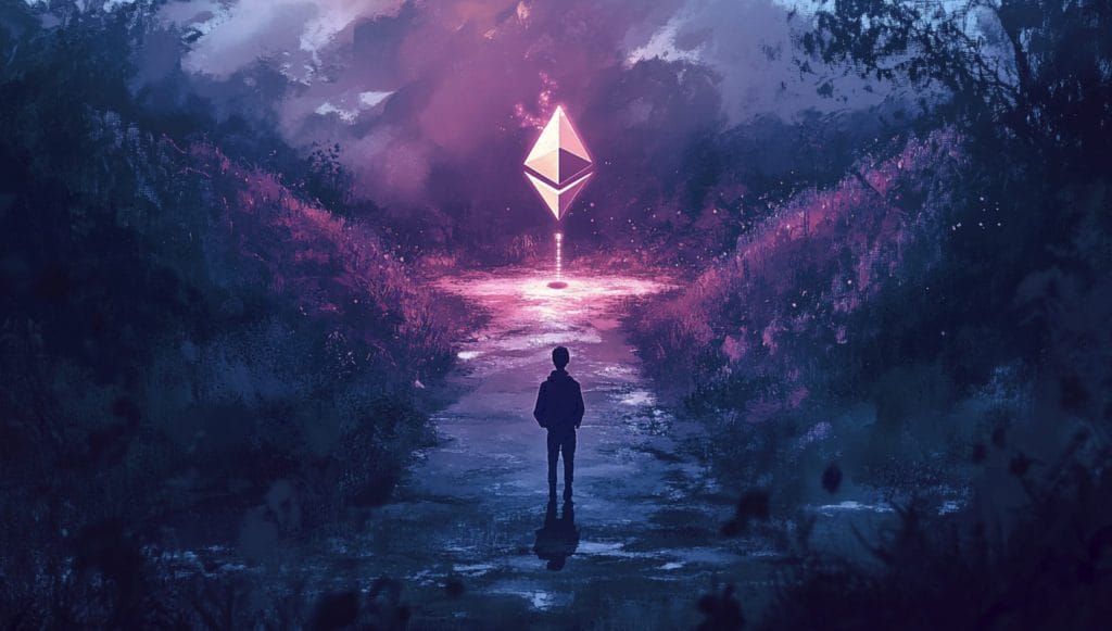 Ethereum kuvituskuvassa logo synkän polun päässä. Polkua kävelee ihmishahmo.