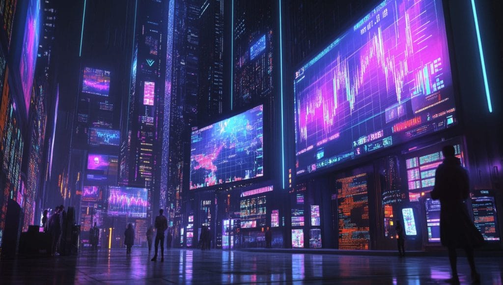 XRP kuvituskuvassa futuristinen toimisto, jossa paljon suuria näyttöjä.