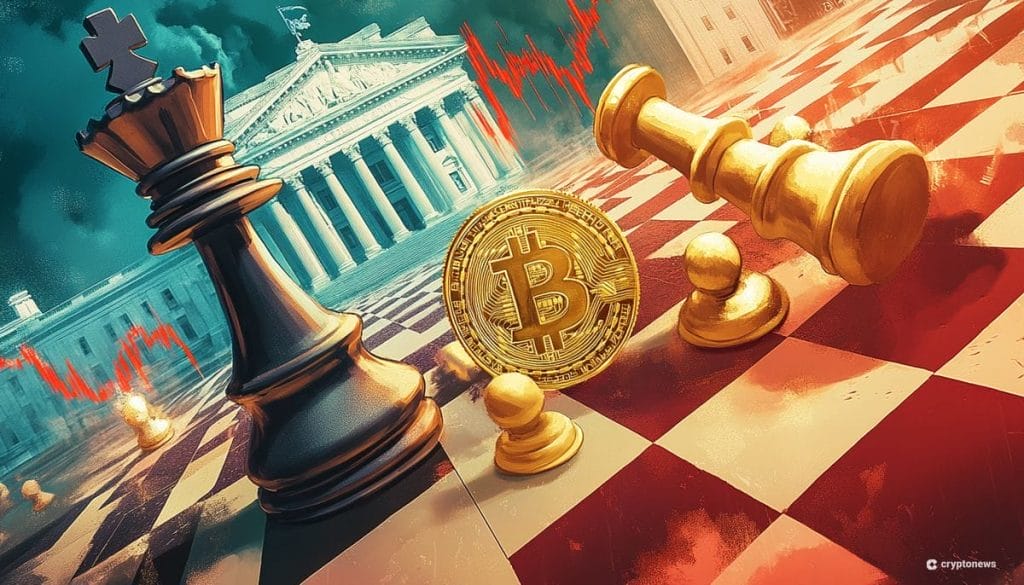 Bitcoin tilanne muistuttaa shakkia tällä hetkellä. Kuvassa shakkilauta ja yhdysvaltain keskuspankin päärakennus.
