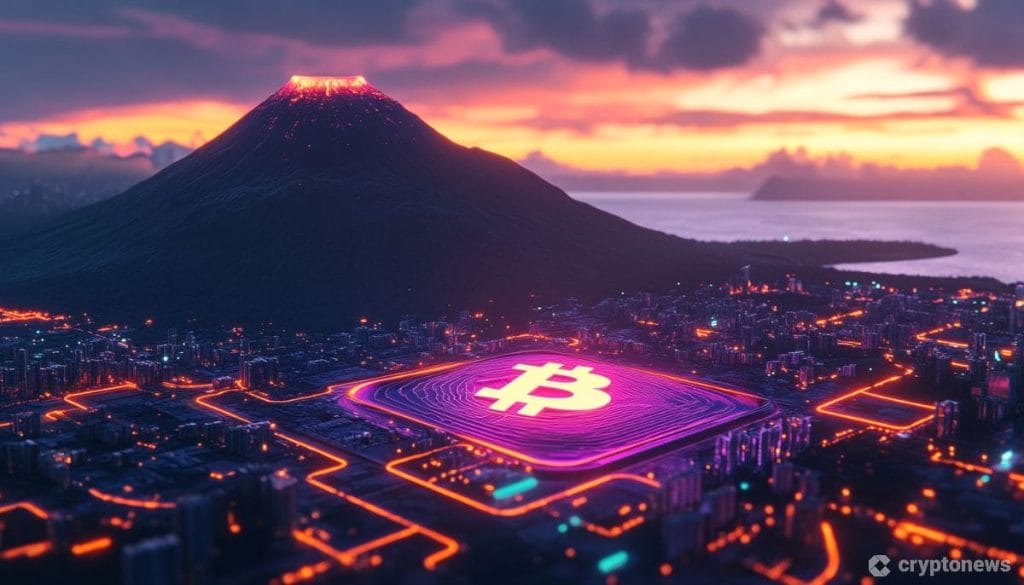 El Salvador -maisemaa ja Bitcoin logo.