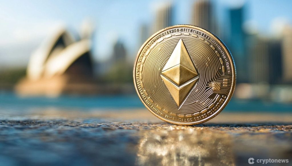 Ethereum kolikko, jonka taustalla kaupunki.