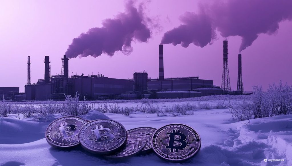 Venäjä on perustamassa datakeskuksia. Kuvituskuvassa bitcoineja ja taustalla savuttava tehdas.
