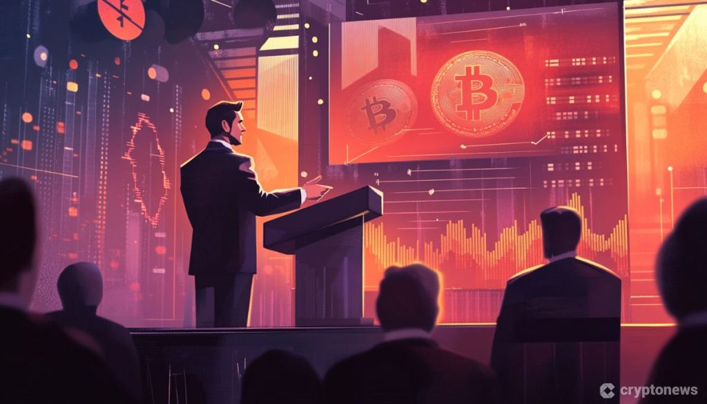 Bitcoin kuvituksessa puhetta pitävä mies ja bitcoin logo heijastettuna seinälle.