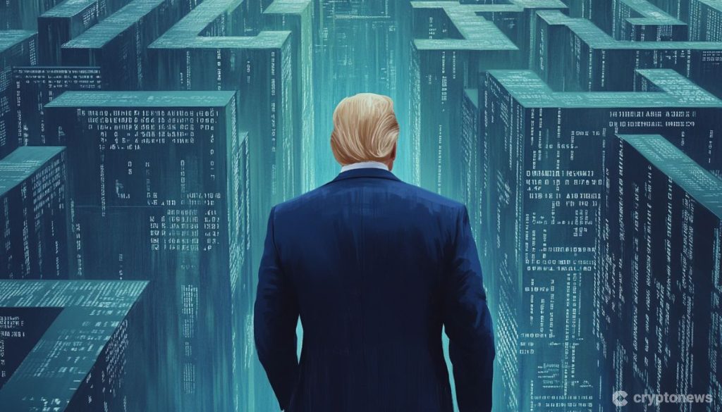 Donald Trump katsoo kohti futuristista kaupunkia piirretyssä kuvassa.