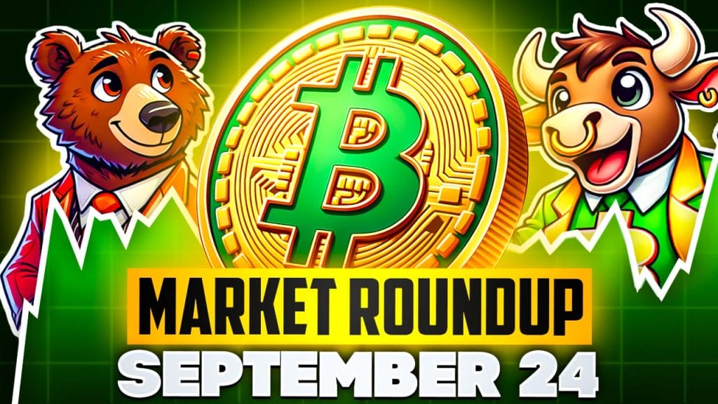 Bitcoin hintaennuste 24.9.2024. Kuvassa karhu, bitcoin logo ja härkä.