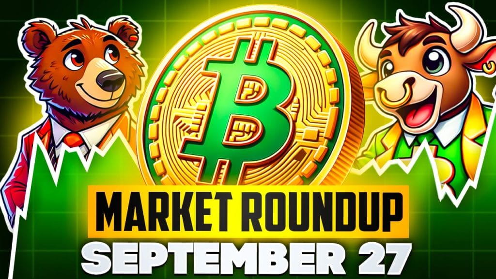 Bitcoin hintaennuste 27.9.2024. Kuvassa karhu, bitcoin logo ja härkä.