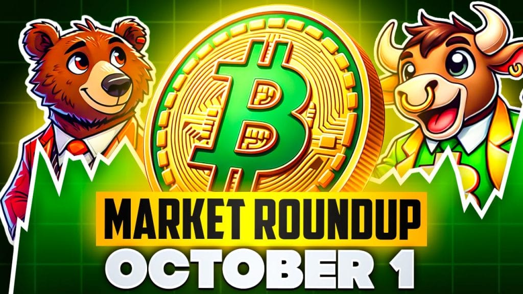 Bitcoin hintaennuste 1.10.2024. Kuvassa karhu, bitcoin logo ja härkä.