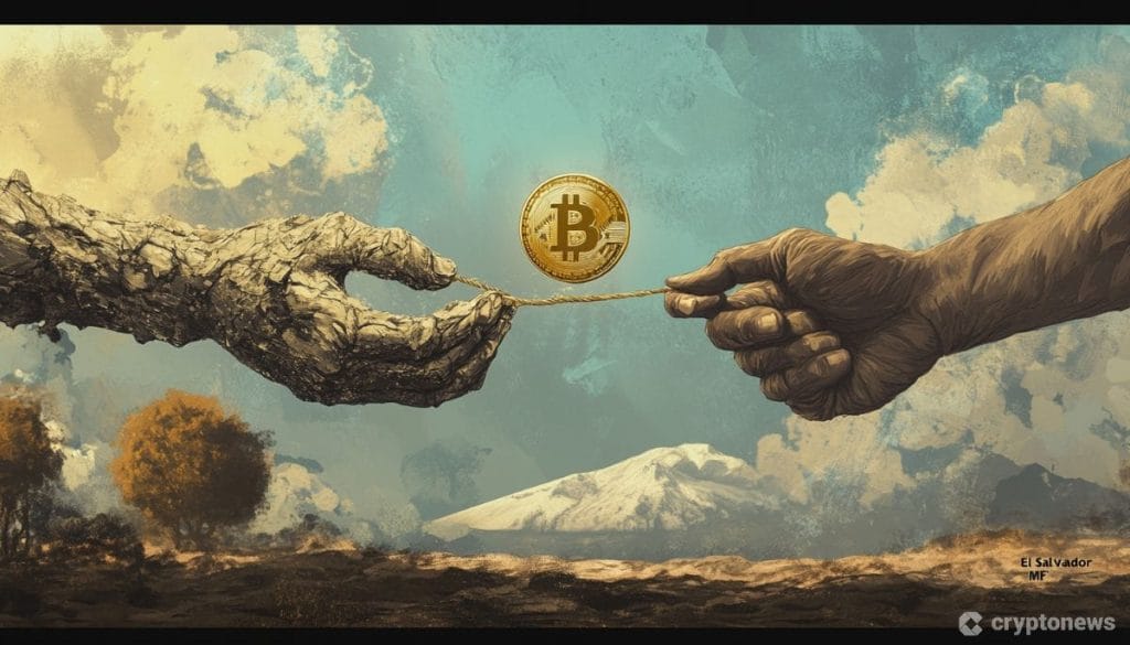 El Salvador -kuvituskuvassa kaksi kättä vetää narua, jonka päällä on bitcoin-kolikko.