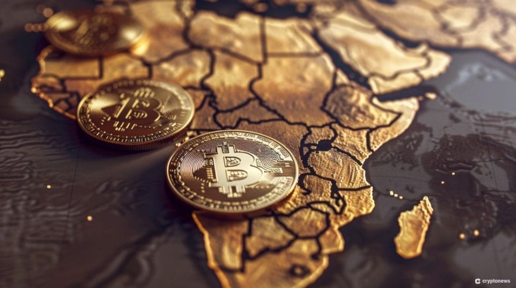Tigran Gambaryan -kuvituksessa Afrikan kartta ja bitcoin-kolikoita.