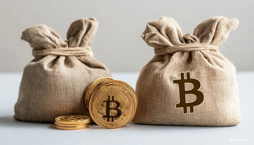 Bitcoin-säkkejä ja -kolikoita.