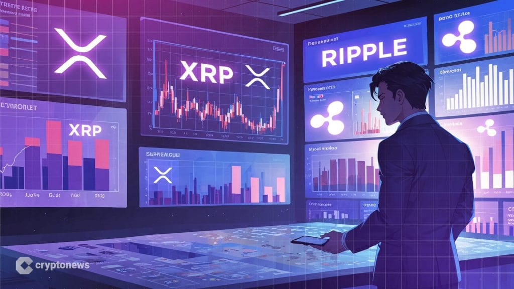 XRP kuvituskuvassa mies seisoo suurten näyttöjen edessä. Näytöissä XRP-käyriä.
