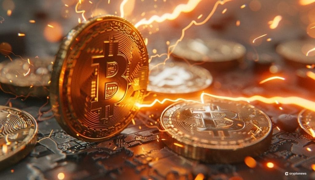 Kvanttitietokone kuvituskuvassa bitcoin ja salamoita.