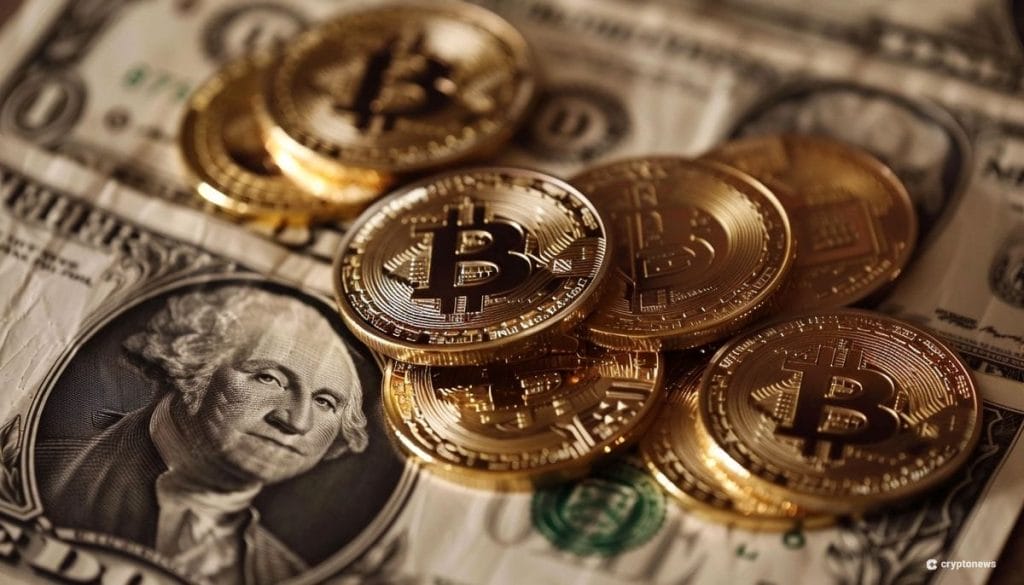 Bitcoin kolikoita dollarien seassa.