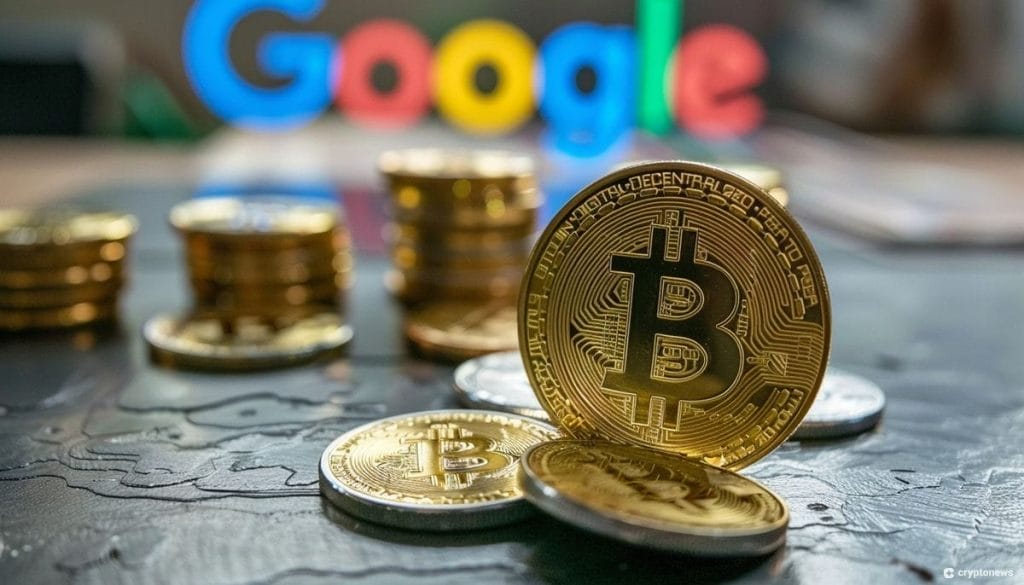 kryptohuijaus kuvituskuvassa bitcoineja ja google logo.