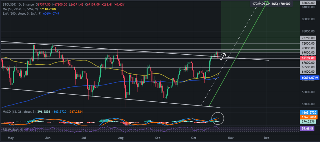 Bitcoin hintaennuste kaavio 23.10.24