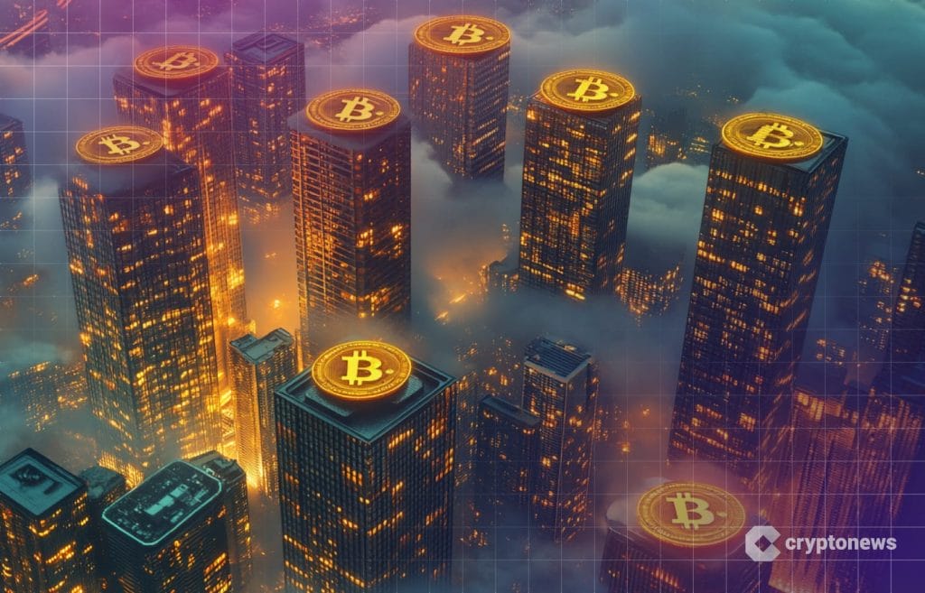 Tokenisointi kiinteistöalalla kuvassa taloja joiden katolla bitcoin-logo.