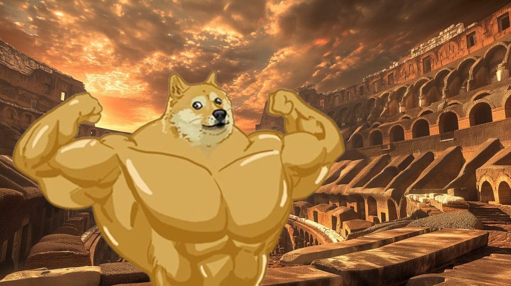 Dogecoin koira pullistelee lihaksiaan.