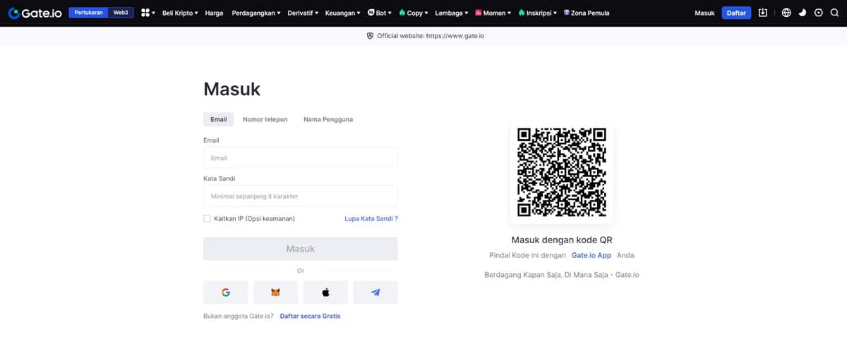 Layar masuk Gate.io.