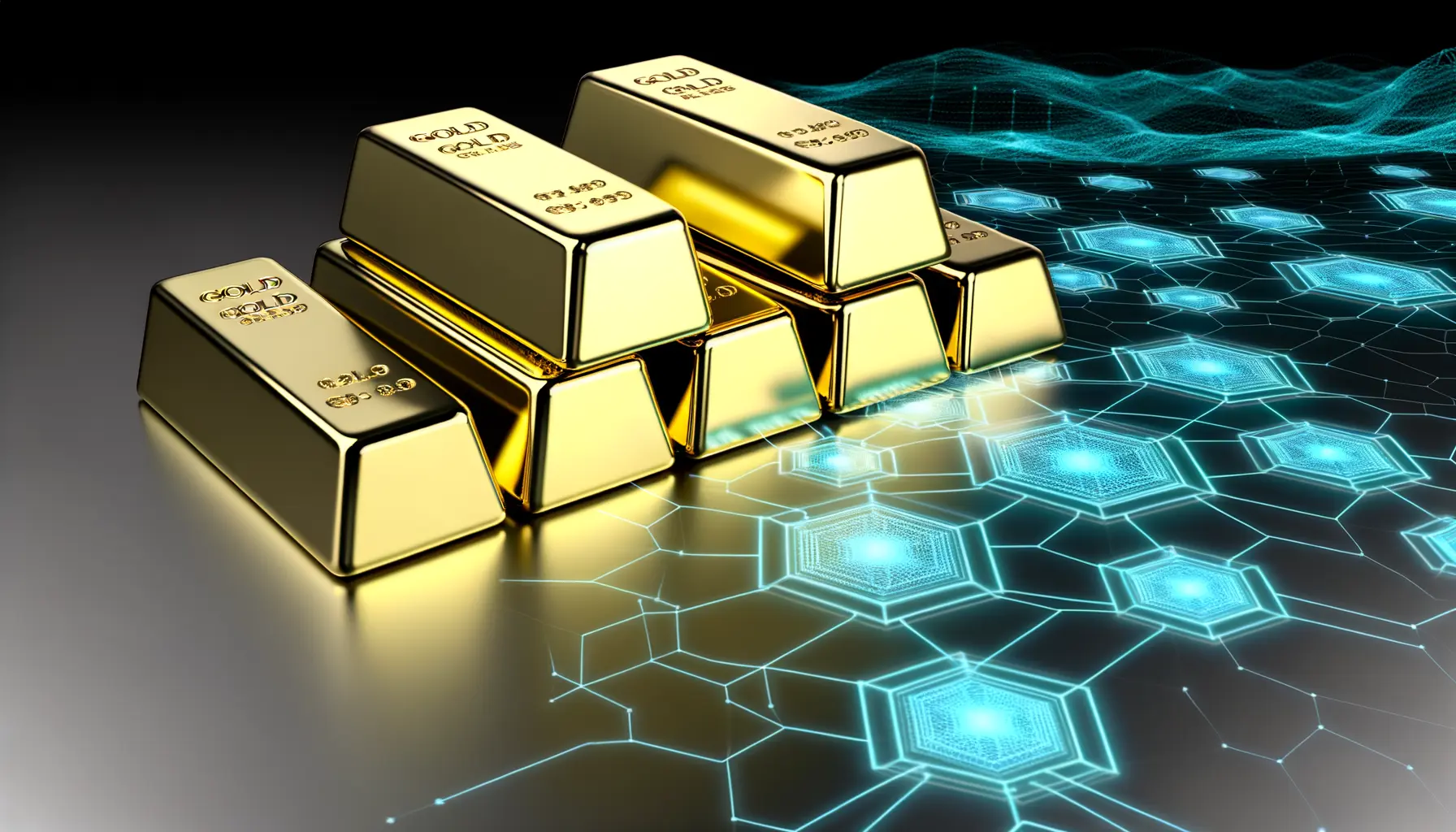 Physical gold bars with digital blockchain network overlay representing tokenized gold assets