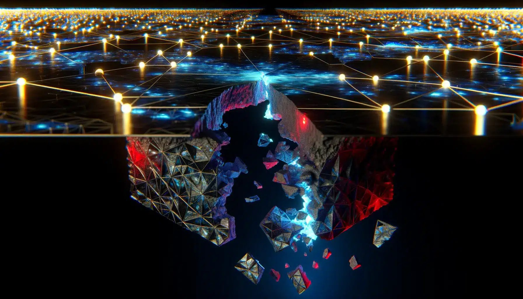 Fractured blockchain bridge structure with broken geometric nodes and glowing data pathways, illustrating security vulnerability