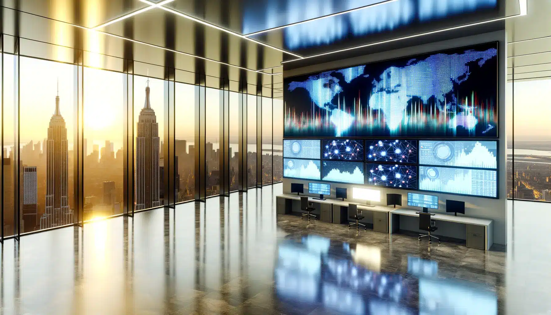Modern financial trading floor with digital blockchain analytics and New York skyline view