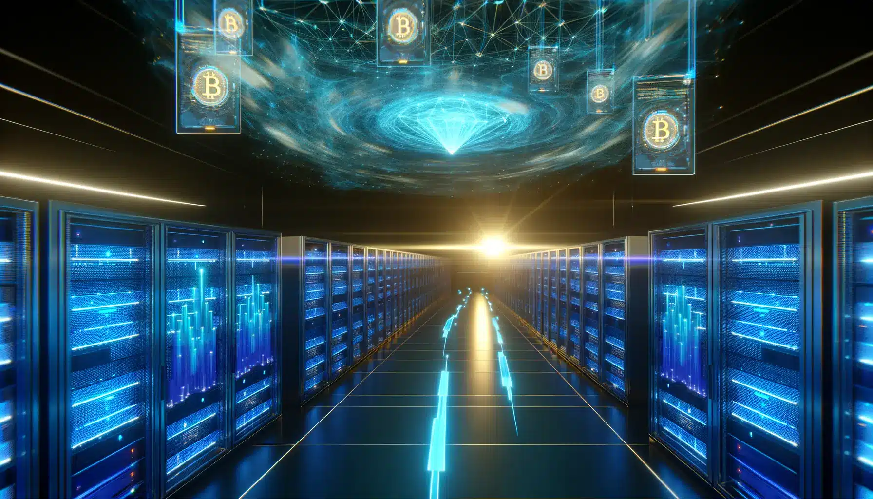 AI data center with glowing servers and cryptocurrency price charts in futuristic setting