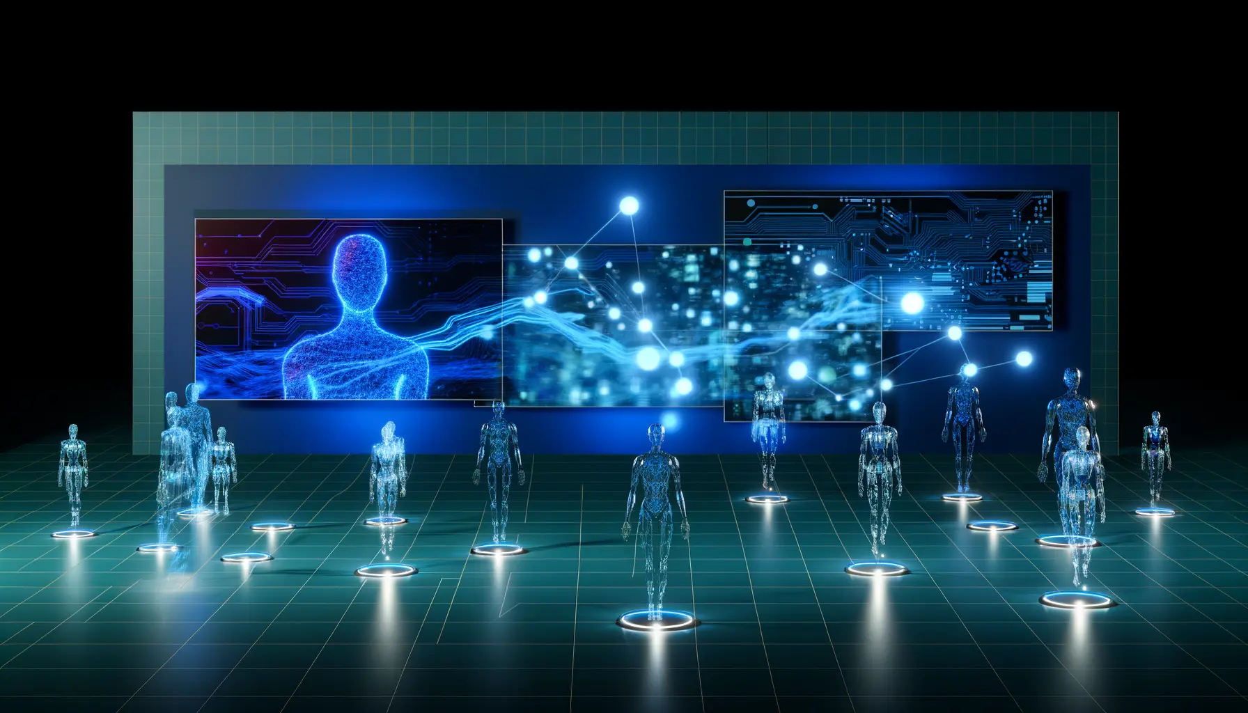 Autonomous AI agents in futuristic digital workspace with holographic interfaces and network connections
