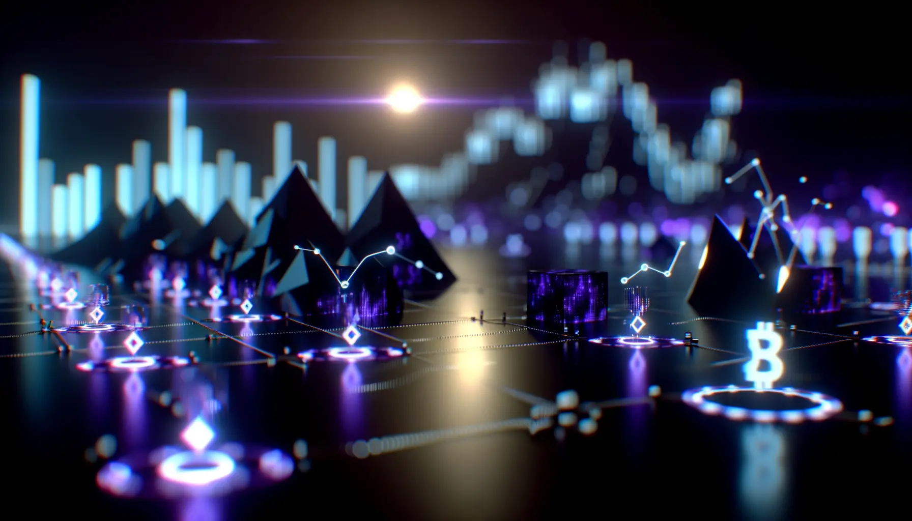 Futuristic prediction market visualization with holographic data and blockchain infrastructure