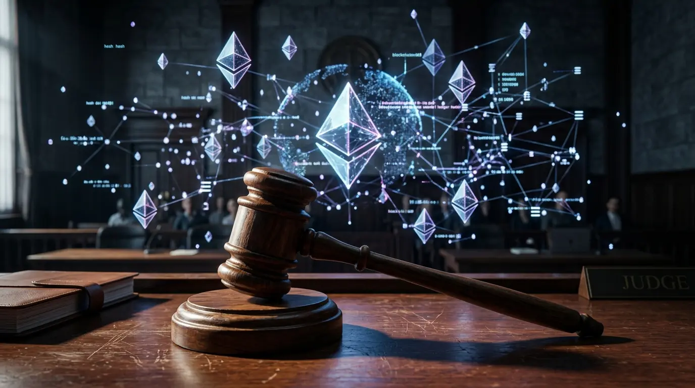 Judge's gavel with holographic Ethereum blockchain symbols representing crypto legal battle