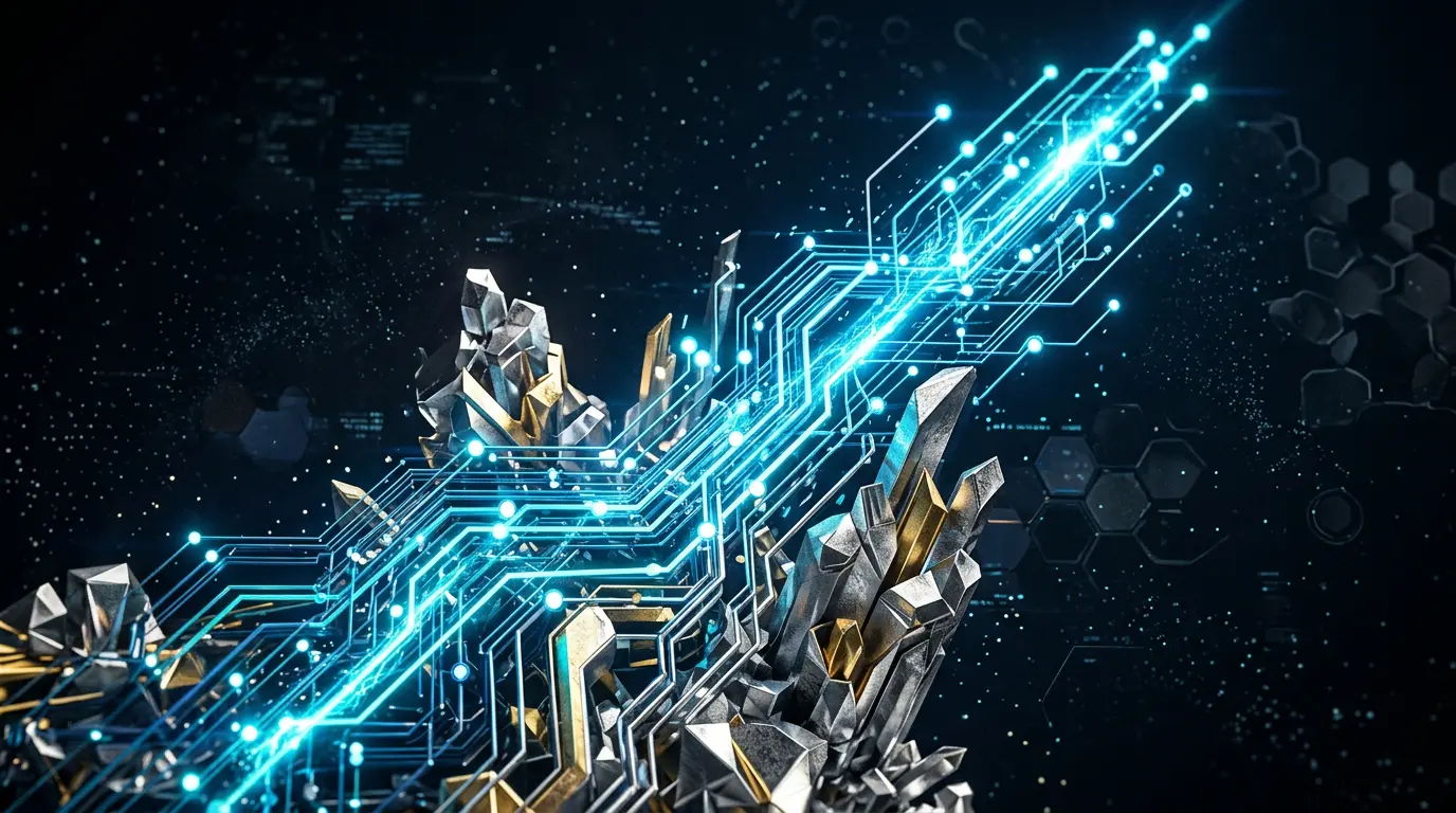 AI neural network with rising data streams representing cryptocurrency sector growth and blockchain technology