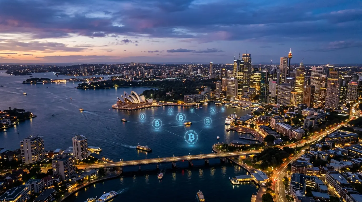 Sydney cityscape with holographic Bitcoin symbols representing Australian crypto tax reform