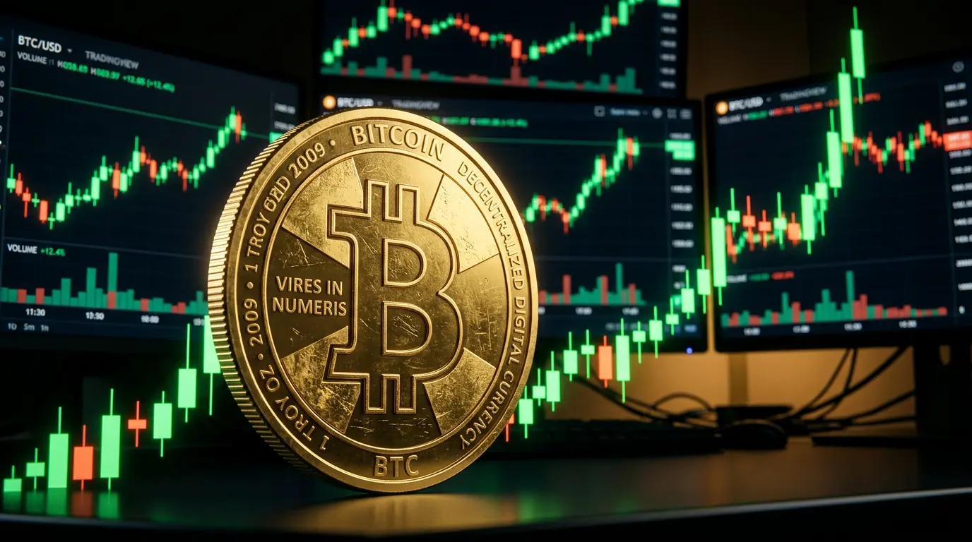 Bitcoin coin at intersection of trading charts showing price recovery analysis