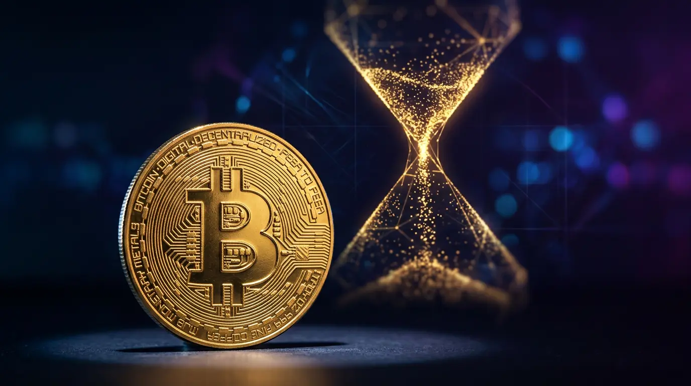 Bitcoin coin with abstract scarcity visualization representing halving supply reduction and price projection