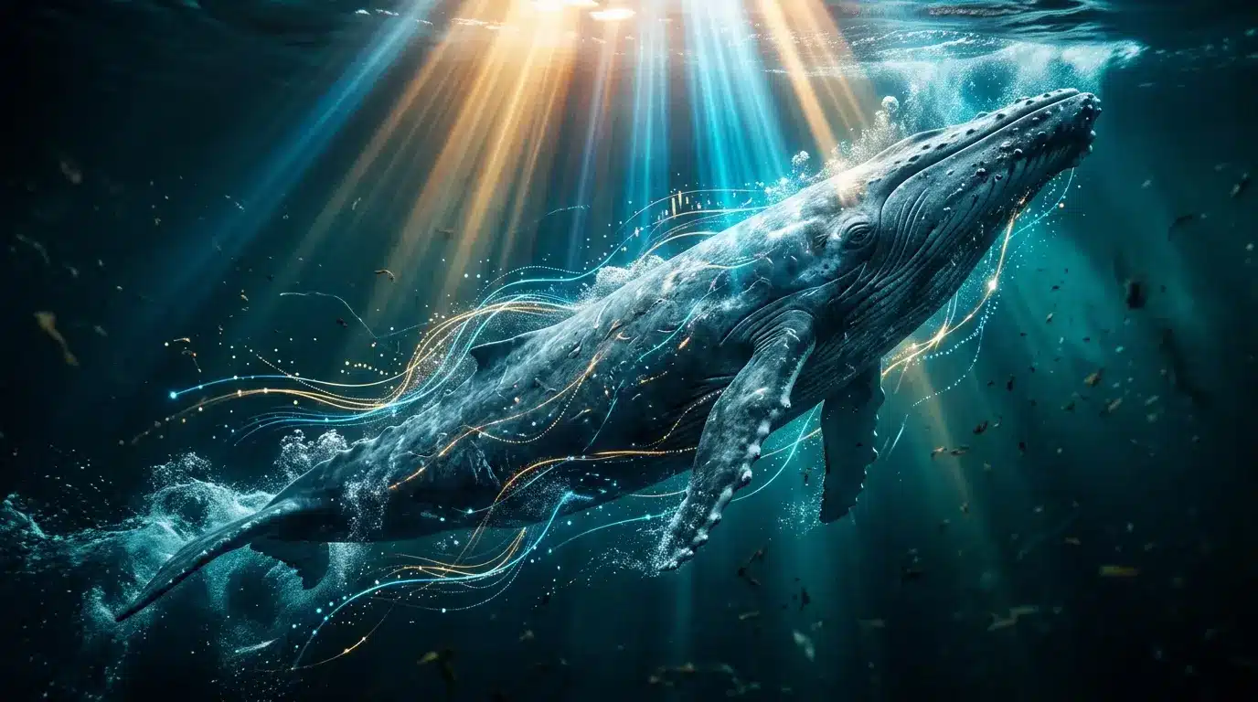 Whale swimming upward through ocean depths with golden light rays, symbolizing Bitcoin market momentum