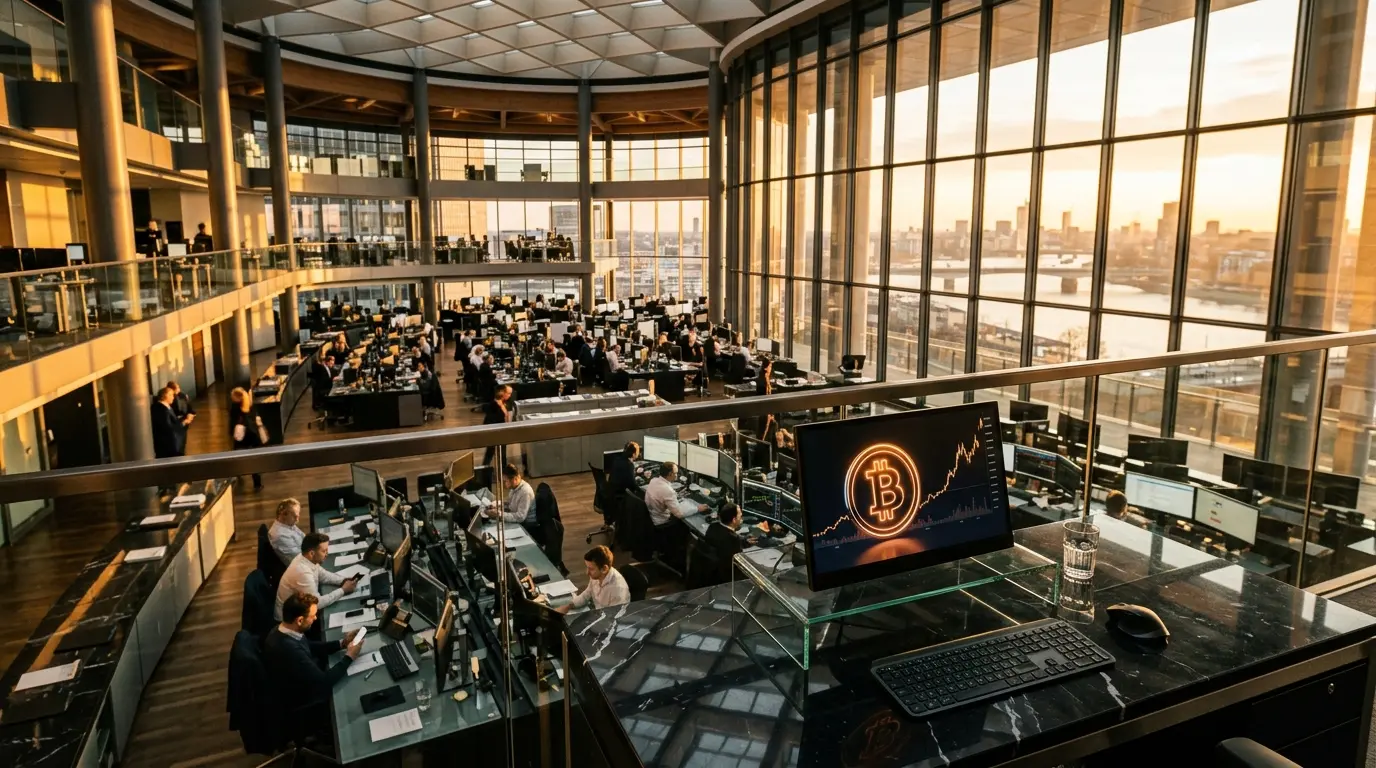 European stock exchange with Bitcoin digital display showing institutional cryptocurrency trading