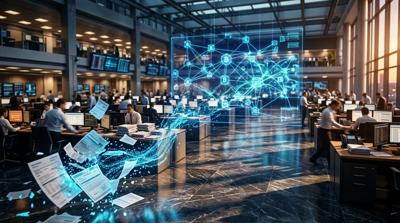 Institutional trading floor transitioning to blockchain tokenization infrastructure with digital networks