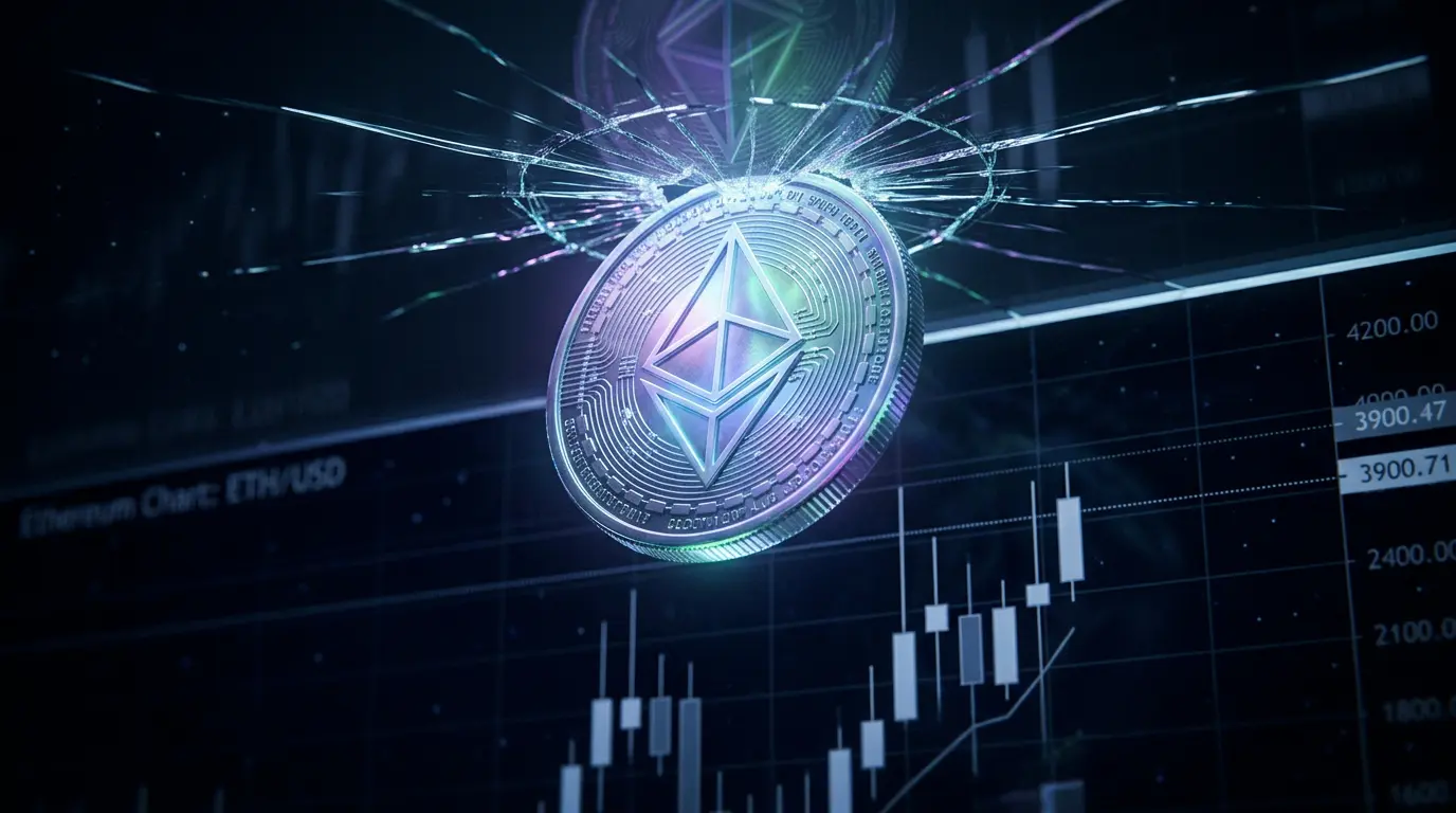 Ethereum coin pressing against resistance barrier symbolizing failed breakout at $2,400