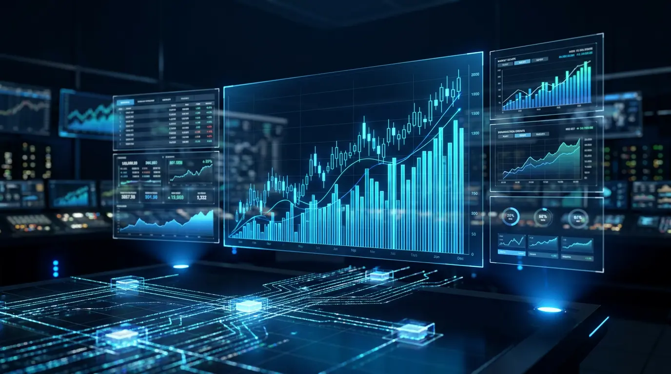 Digital trading visualization showing financial charts and token accumulation data in blue tones