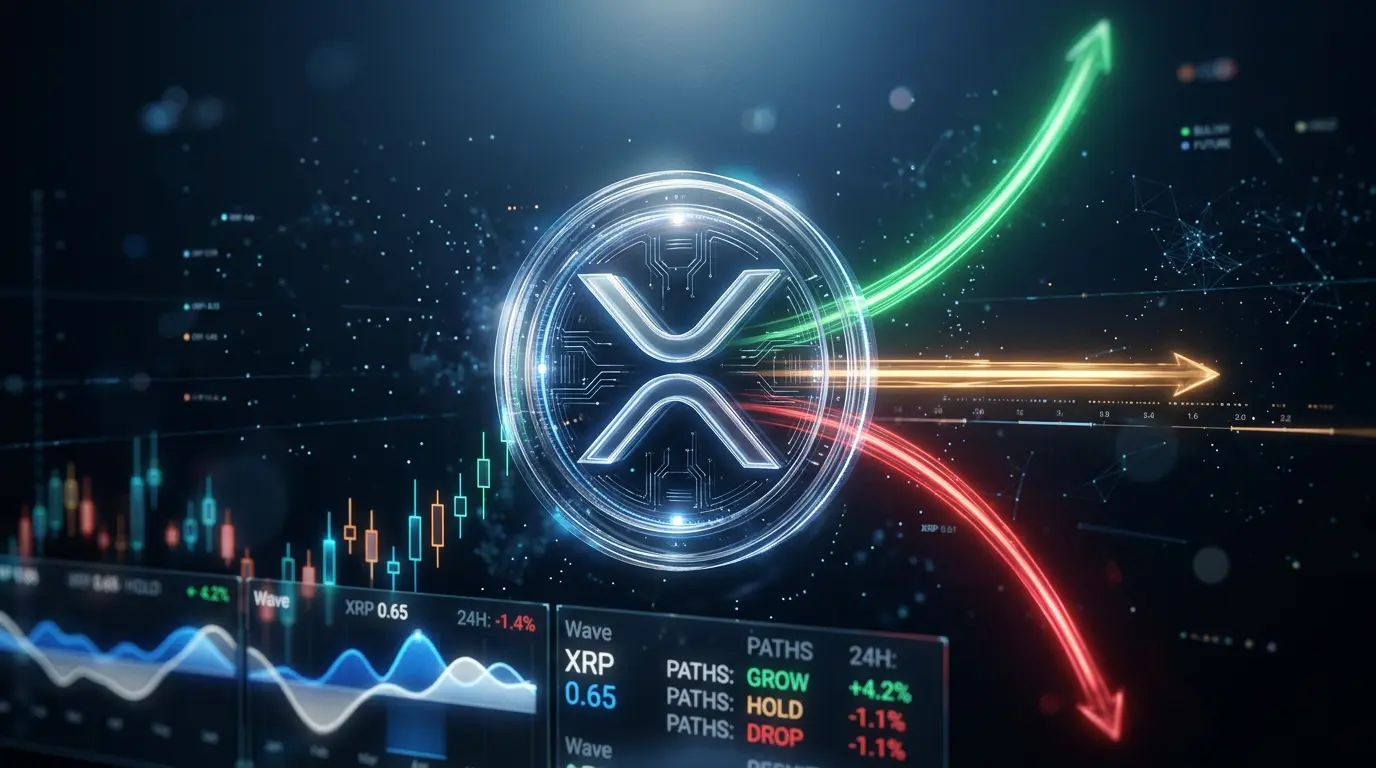 XRP cryptocurrency symbol with three divergent pathways representing AI price prediction scenarios