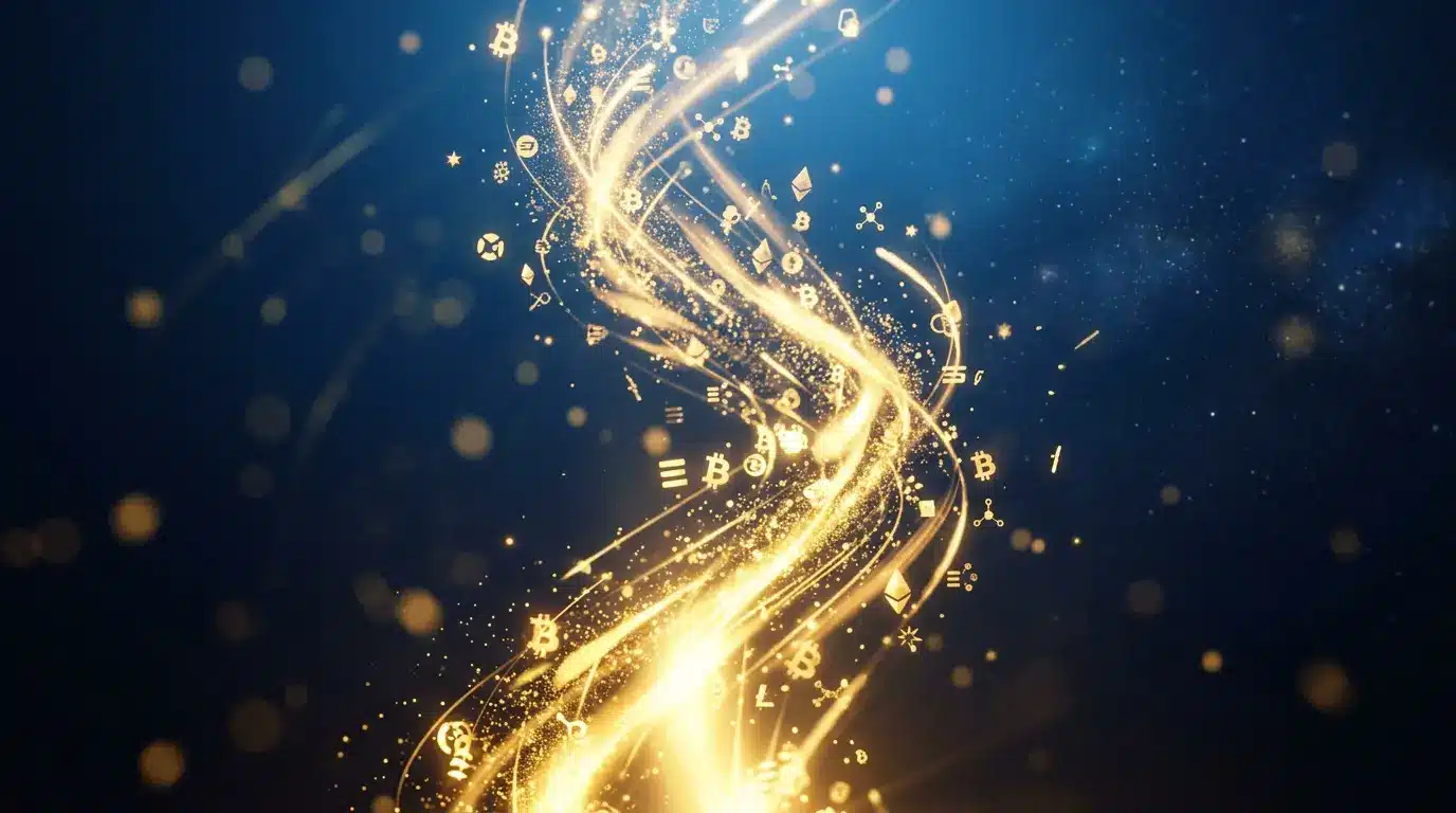 Golden light streams flowing upward symbolizing cryptocurrency fund inflows and institutional investment