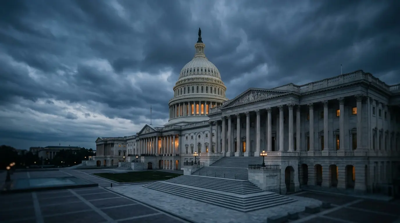 US Capitol building under dramatic stormy sky symbolizing political pressure and regulatory tension