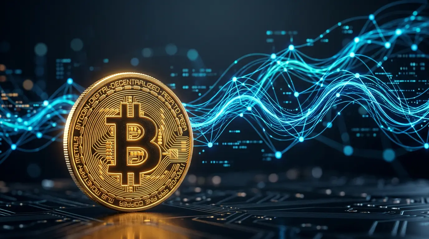 Bitcoin coin with glowing AI neural network pathways representing blockchain and artificial intelligence convergence
