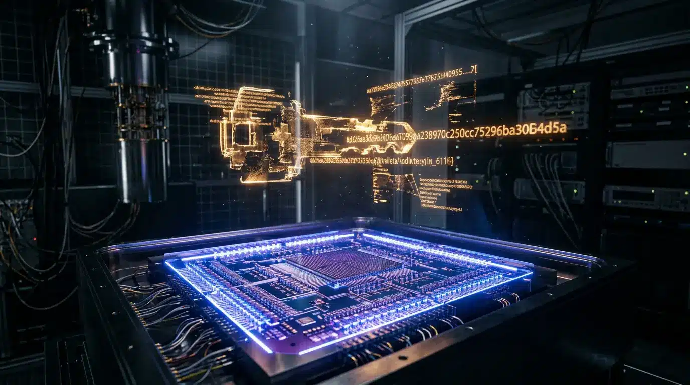 Quantum computer processor with glowing qubits analyzing Bitcoin wallet cryptographic structures