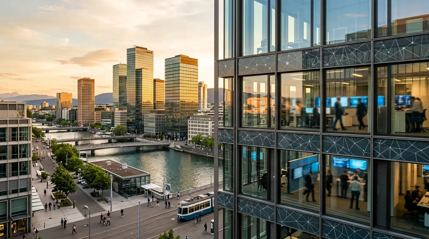Modern Swiss financial district buildings representing institutional cryptocurrency infrastructure