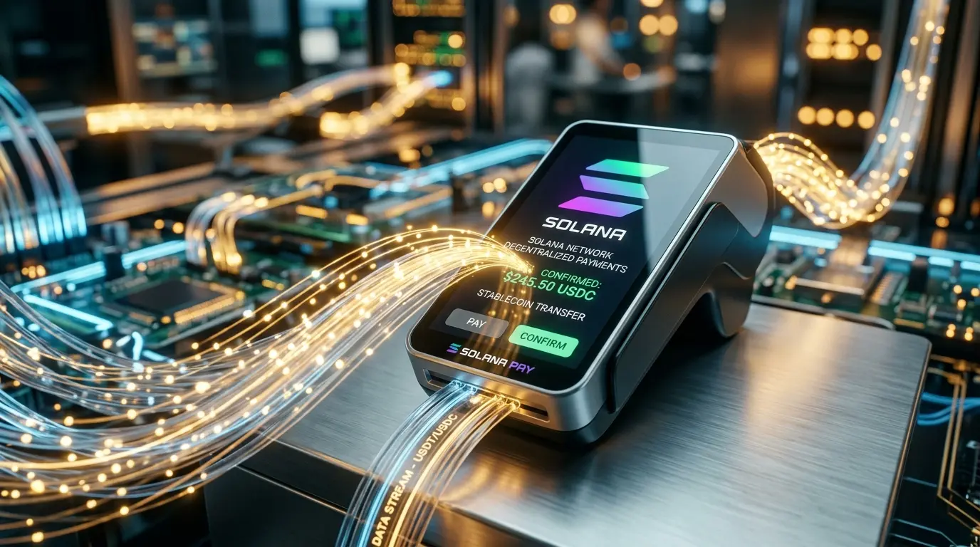 Digital payment infrastructure showing Solana blockchain network with flowing financial data streams